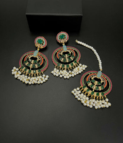 Traditional Pearl & Multi-Color Stone Earrings with Tikka Set