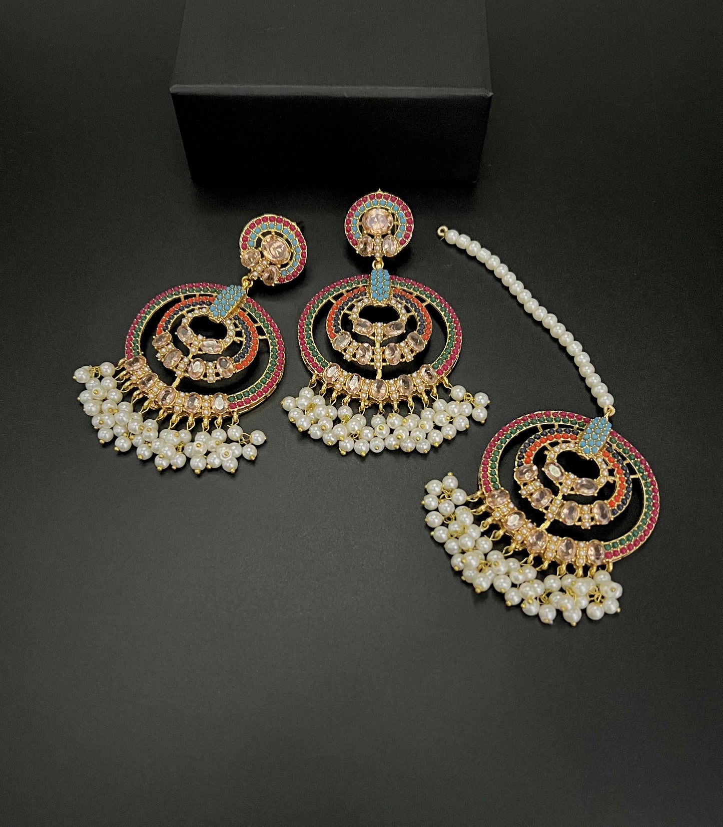Traditional Pearl & Multi-Color Stone Earrings with Tikka Set
