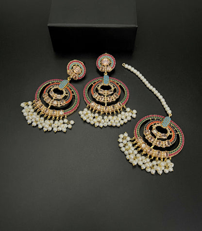 Traditional Pearl & Multi-Color Stone Earrings with Tikka Set