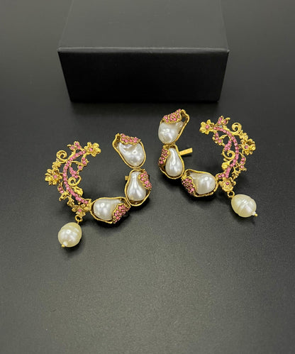 Elegant Gold Plated Pearl & Pink Stone Hoop Earrings