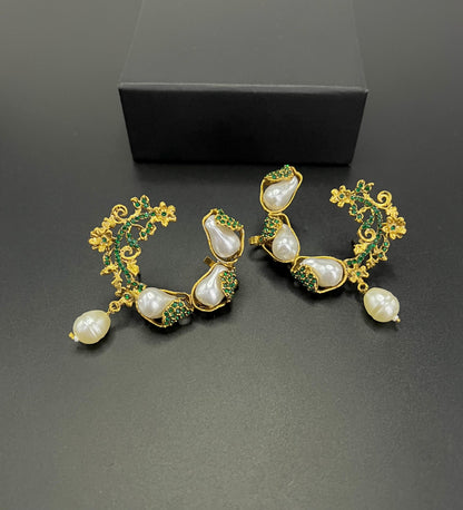 Elegant Gold Plated Pearl & Pink Stone Hoop Earrings