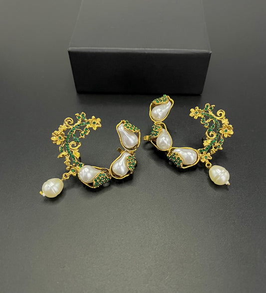 Elegant Gold Plated Pearl & Pink Stone Hoop Earrings