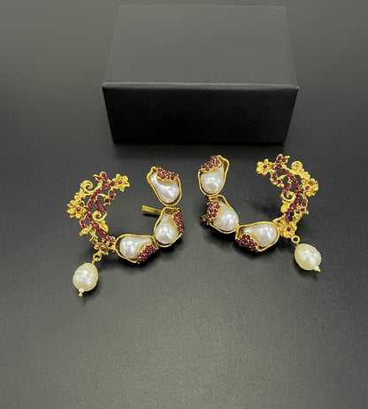 Elegant Gold Plated Pearl & Pink Stone Hoop Earrings