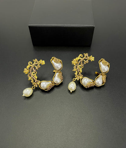 Elegant Gold Plated Pearl & Pink Stone Hoop Earrings