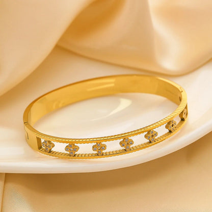 Designer Gold Bangle with Floral Motif and Diamond Accents