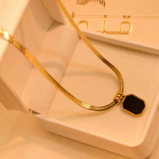 Gold Necklace with Black Octagonal Pendant