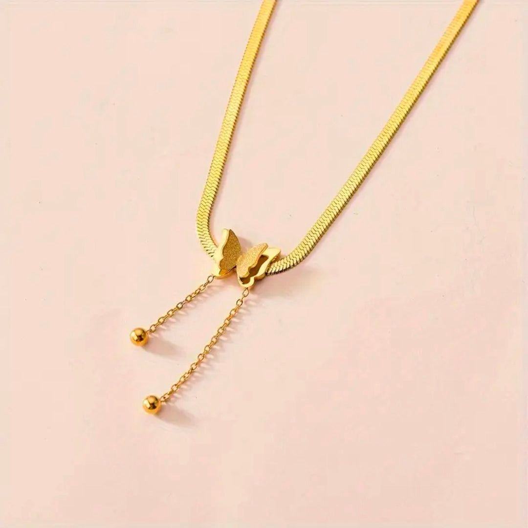 Delicate Gold Butterfly Necklace with Drop Chain Detail