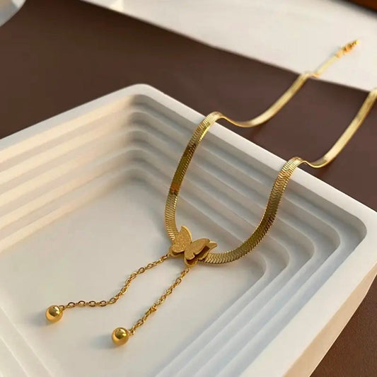 Delicate Gold Butterfly Necklace with Drop Chain Detail