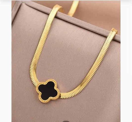 Gold Clover Pendant Necklace with Black Enamel Detail