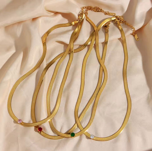 Gold Choker Necklace with Green Gemstone Accent