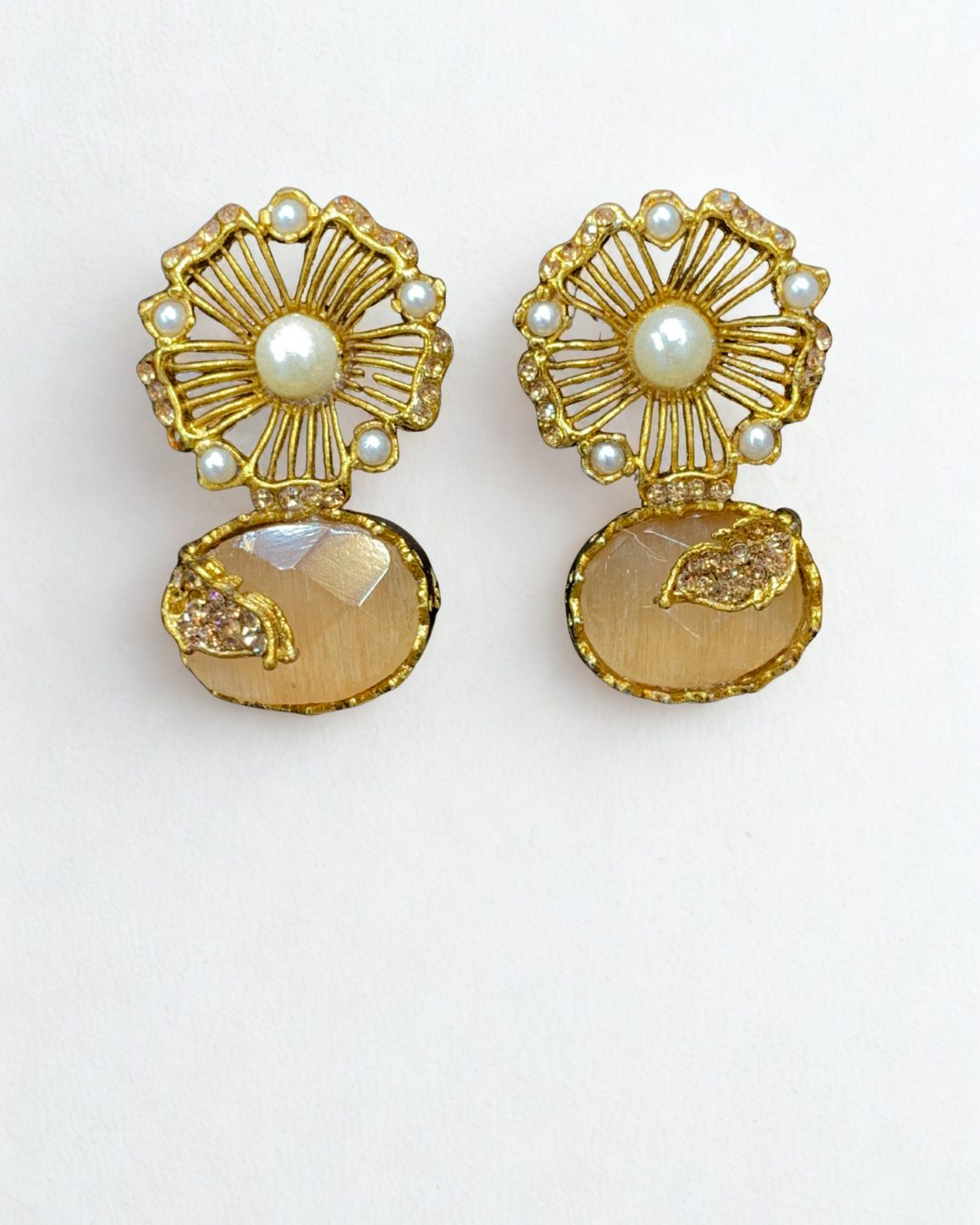 Vintage Bloom Green Stone & Pearl Stud Earrings