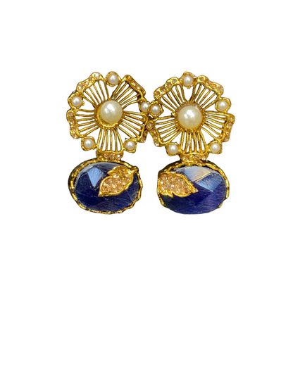 Vintage Bloom Green Stone & Pearl Stud Earrings