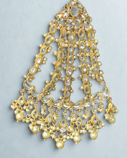 Elegant Gold and Pearl Jhoomer with Crystal Detailing