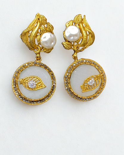 Golden Leaf Pearl Drop Earrings