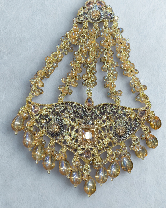 Stunning Gold and Amber Crystal Jhoomer with Intricate Detailing