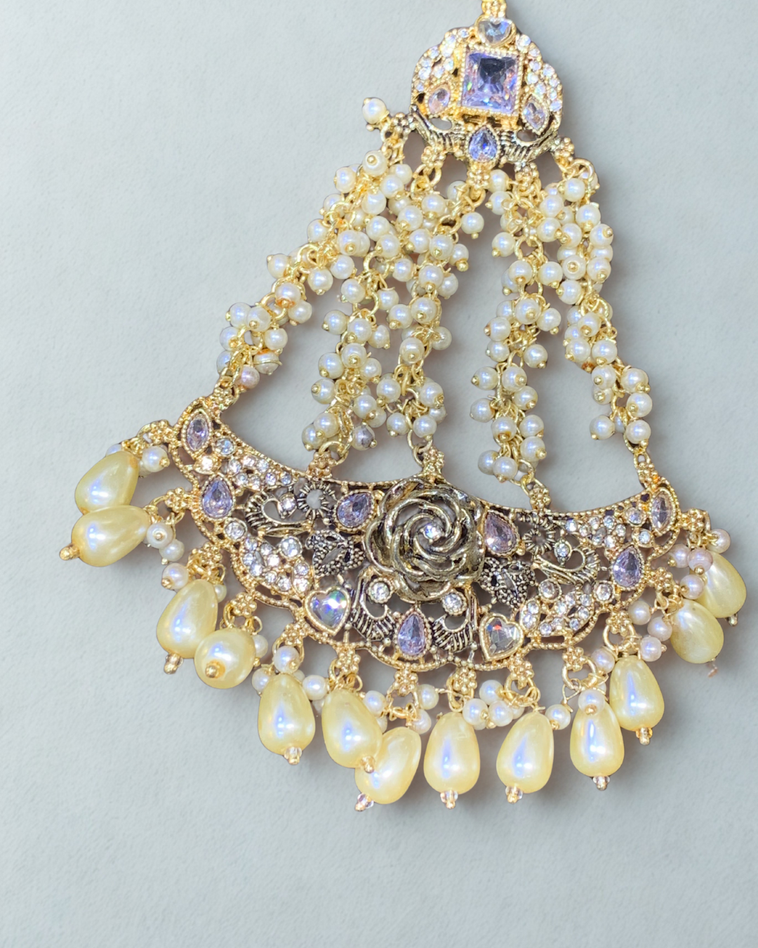 Elegant Pearl and Crystal Jhoomer with Rose Motif