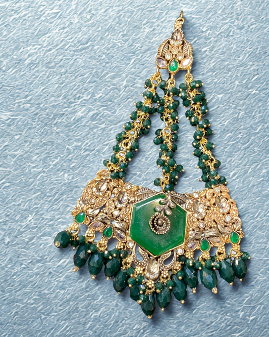 Elegant Green and Gold Jhoomer with Crystal Detailing