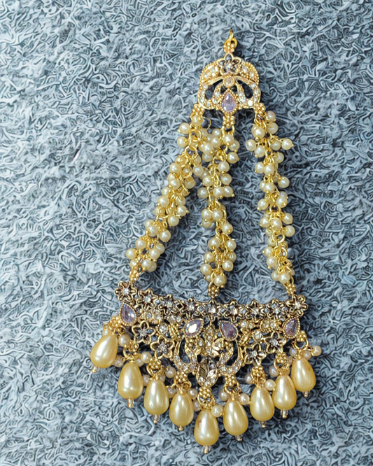 Luxurious Pearl and Gold Jhoomer with Crystal Embellishments