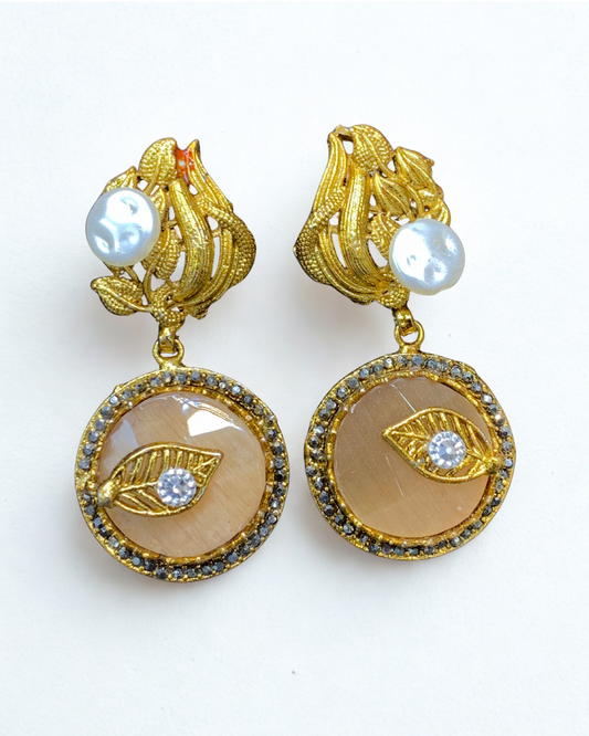 Golden Leaf Pearl Drop Earrings
