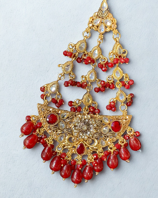 Radiant Red and Gold Jhoomer with Crystal Detailing