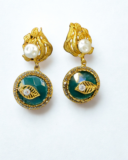 Golden Leaf Pearl Drop Earrings