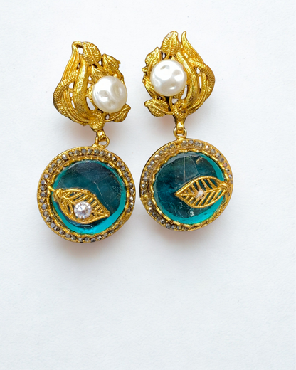 Golden Leaf Pearl Drop Earrings